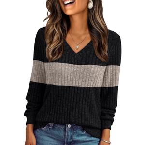 AUTOMET Womens V Neck Long Sleeve Shirt Fall Fashion Tops Tunic Dressy Casual Sweater Clothes Cute Trendy Work Outfits 2025 (Large, Black Coffee Block)