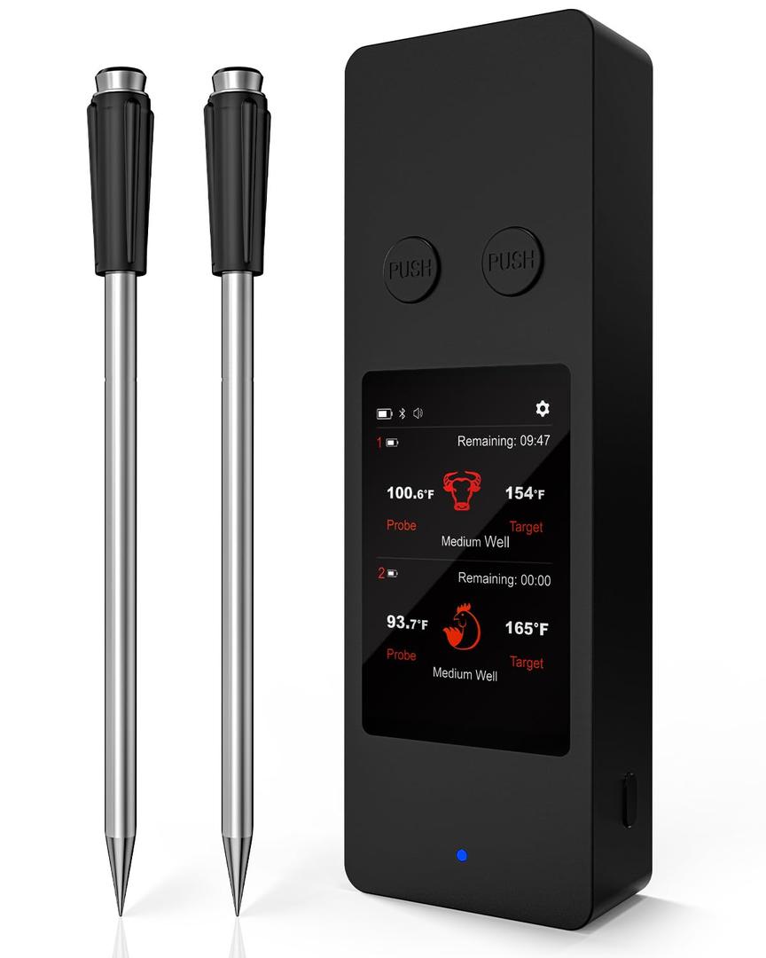 AWLKIM 8-Sensor Smart Wireless Meat Thermometer with Touchscreen Base & Built-In App Dual Probes, Bluetooth 5.3 800ft Open-Air, IP68, Type-C Digital Instant-Read for BBQ, Grill, Smoker, Rotisserie