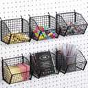 6 Pack Black Pegboard Baskets Metal Wire Shelf Baskets Peg Board Organizer Accessories Wall Mount Organizer Bins for Tool Storage Craft Room Garage Small Parts Workbench