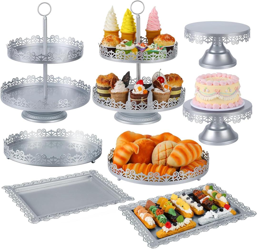Tioncy 8 Pcs Cake Stand Set, Metal Dessert Table Display Stands for Dessert Table, Tiered Cupcake Holder Display Plates for Birthday Party Wedding Festival (Silver)