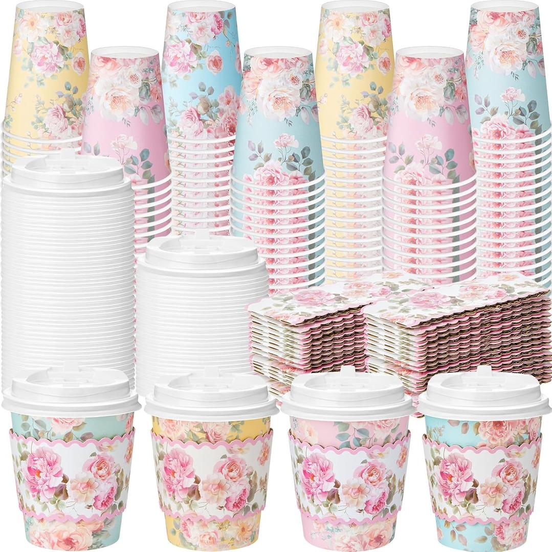 Jingmore 100 Pcs Floral Paper Coffee Cups with Lids and Sleeves Colorful Flower Design Disposable Coffee Cups for Tea Party Wedding Reception Baby Shower Supplies (8 oz)
