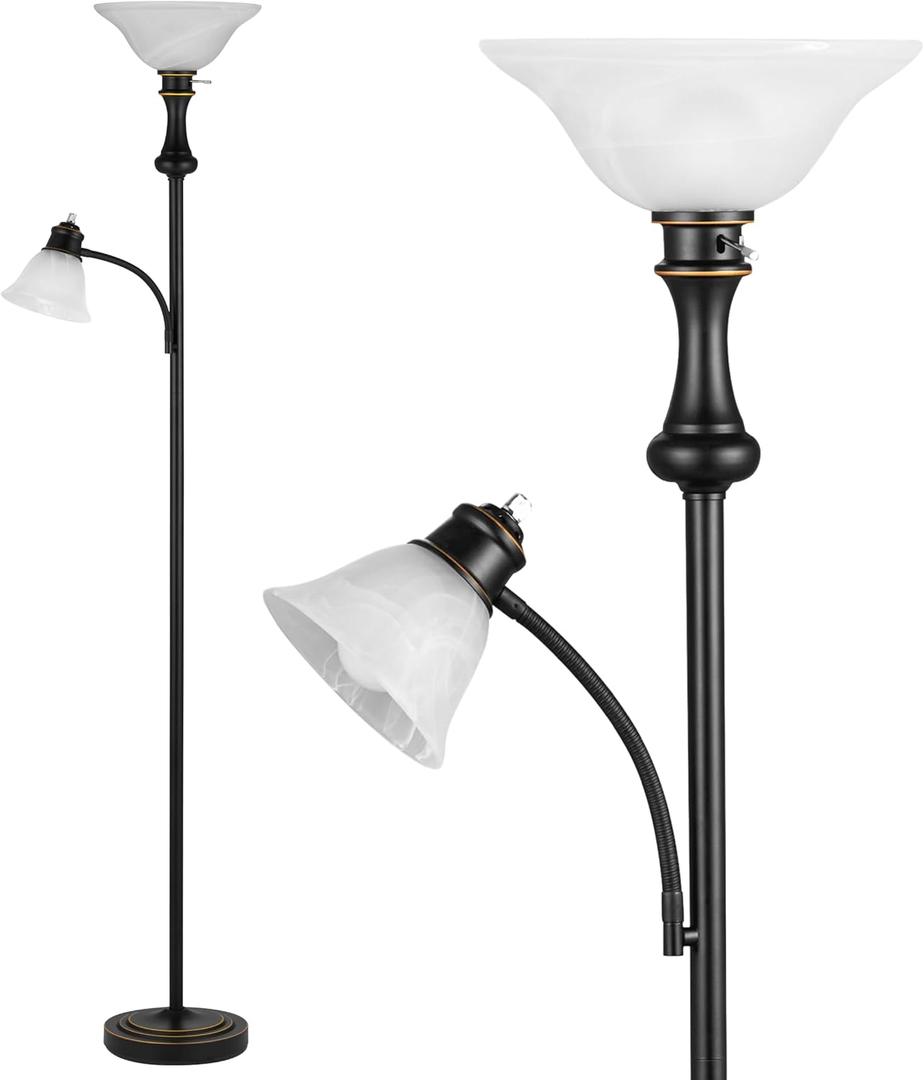 Leasgy Torchiere Floor Lamp with Adjustable Angle Reading Lamp-Black 71IN | Standing Lamp for Bedroom with Glass Shade, Tall Floor Lamp for Living Room Decor, Office, Corner, Knob Switch, Bulb Included