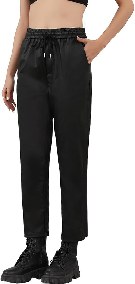 TGKKMQB Women's Black Faux Leather Pants Ankle-Length Wide-Leg Elastic Waist Baggy Trousers with Drawstring Pockets Size L