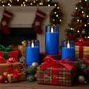 Raycare Flameless Electronic Pillar Candles with Remote Control and Timer- Battery Operated Realistic Flickering LED Fake Candle for Home, Wedding, Valentine's Day Decor,Blue,Set of 3(3"x4"5" 6")
