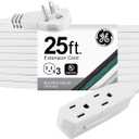 GE 3-Outlet Flat Extension Cord 25 Ft Grounded Extension Cord with Multiple Outlets 3 Prong Outlet Extender Flat Plug Indoor Power Strip 16 Gauge UL Listed White 69920