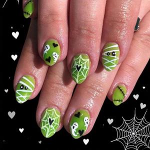 Halloween Press on Nails Short Almond False Nails with Love Spider Web Design Cute Ghost Fake Nails Glossy Full Cover Green Glue on Nail Reusable Holiday Stick on Nail for Women Girls Manicure 24Pcs