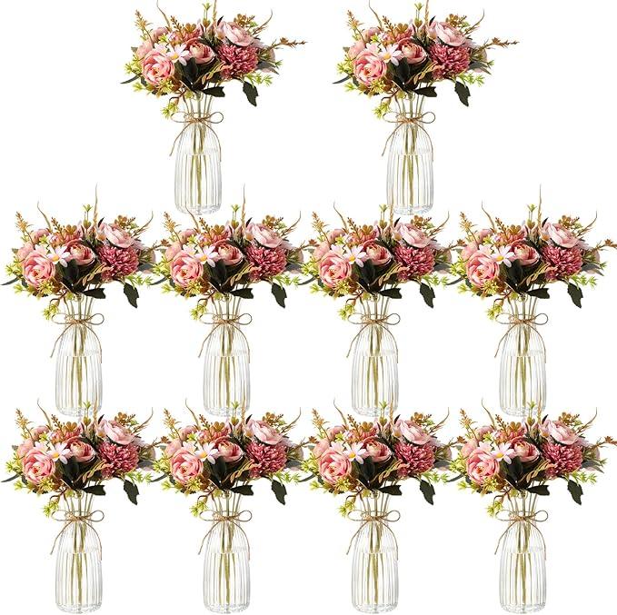 30 Pack Artificial Flowers with Vase Bulk, 20 Bundles Silk Floral Bouquet 10 Clear Vase with 1 Pcs Rope, Mason Jar Table Centerpiece Arrangement Wedding Party Decor(Chrysanthemum,Purple)