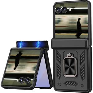 for Samsung Galaxy Z Flip7 Armor Case with Magnetic Ring Kickstand and Built-in Hinge Protection, Heavy Duty Shockproof Protective Cover for Samsung Z Flip 7 RJ-Black