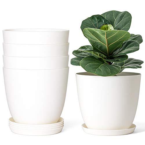 Mkono 7.5" Plastic Plant Pots with Saucers, Indoor Set of 5, Cream White