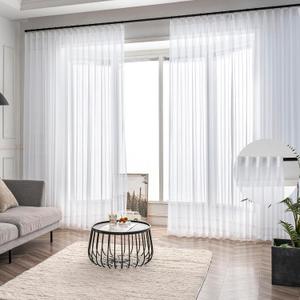 White Sheer Curtains 102 Inch Long 2 Panels Custom, Thin Textured Linen Look Window Sheers, Pinch Pleated Drapes for Living Room, Sliding Glass Door Curtain with Rings & Hooks & Back Tab (Pre-pleated & Loops | Bright White)