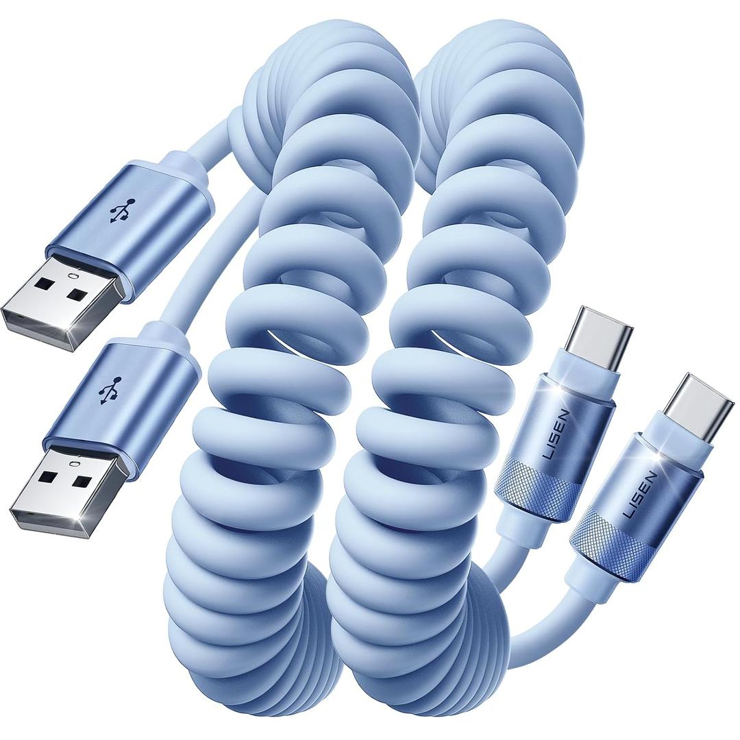 LISEN Coiled USB C Cable, 2 Pack for Android Auto & CarPlay Cable, Short USB A to USB C Cable Compatible with iPhone 17/16/15, Samsung Galaxy S25/S24/S23 A15/A14, Google Pixel 9/8, Blue 4FT