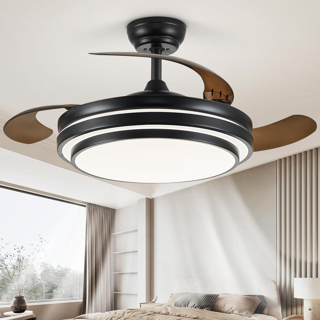 48 Inch Fandelier Ceiling Fan with Light, Retractable Ceiling Fan with Lights for Bedroom Living Room Dinning Room, Chandelier with Fan 6 Speed, 3 Color Temperature-Black