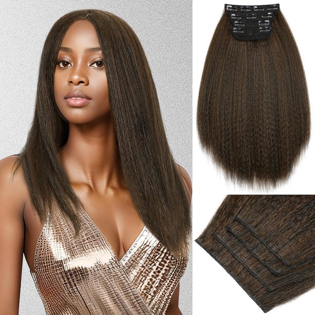 WIGNEE Kinky Straight Clip In Hair Extensions - 4 Pcs Yaki Straight With Lace Weft - Full Head 16 Inch Mix Brown Seamless for Black Women (M30)