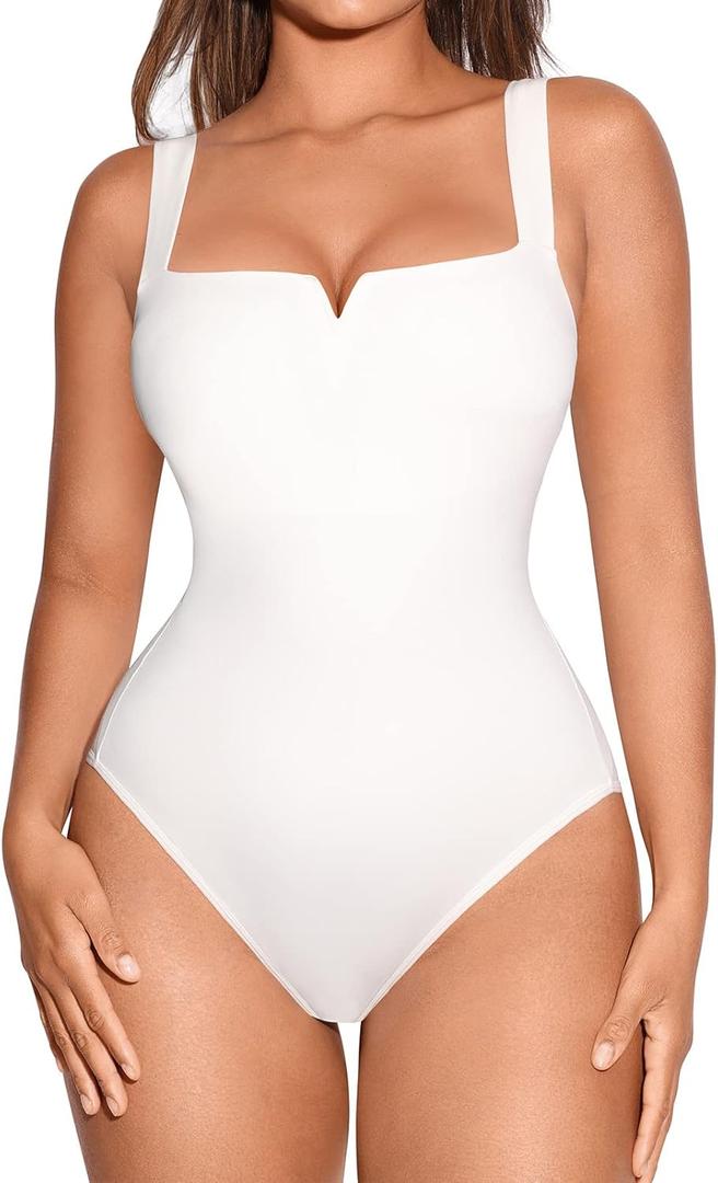 FeelinGirl Square Neck Bodysuit for Women Sleeveless Tummy Control Slimming Bodysuit Going Out Tank Tops (Large)