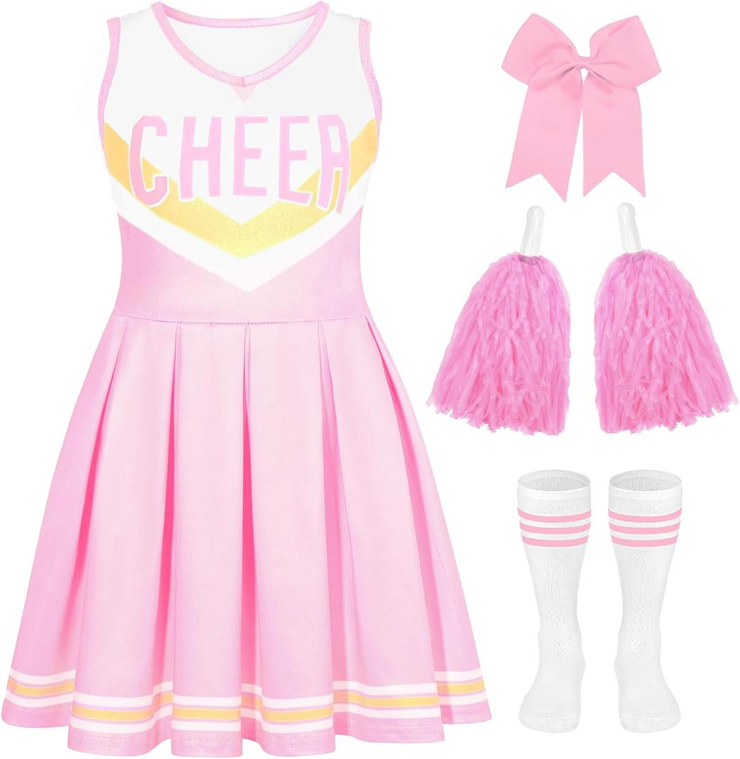 Cheerleader Costume for Girls Cheerleader Outfit for Kids Cheerleading Dress with Pom Poms for Halloween Dress Up (Pink, M)
