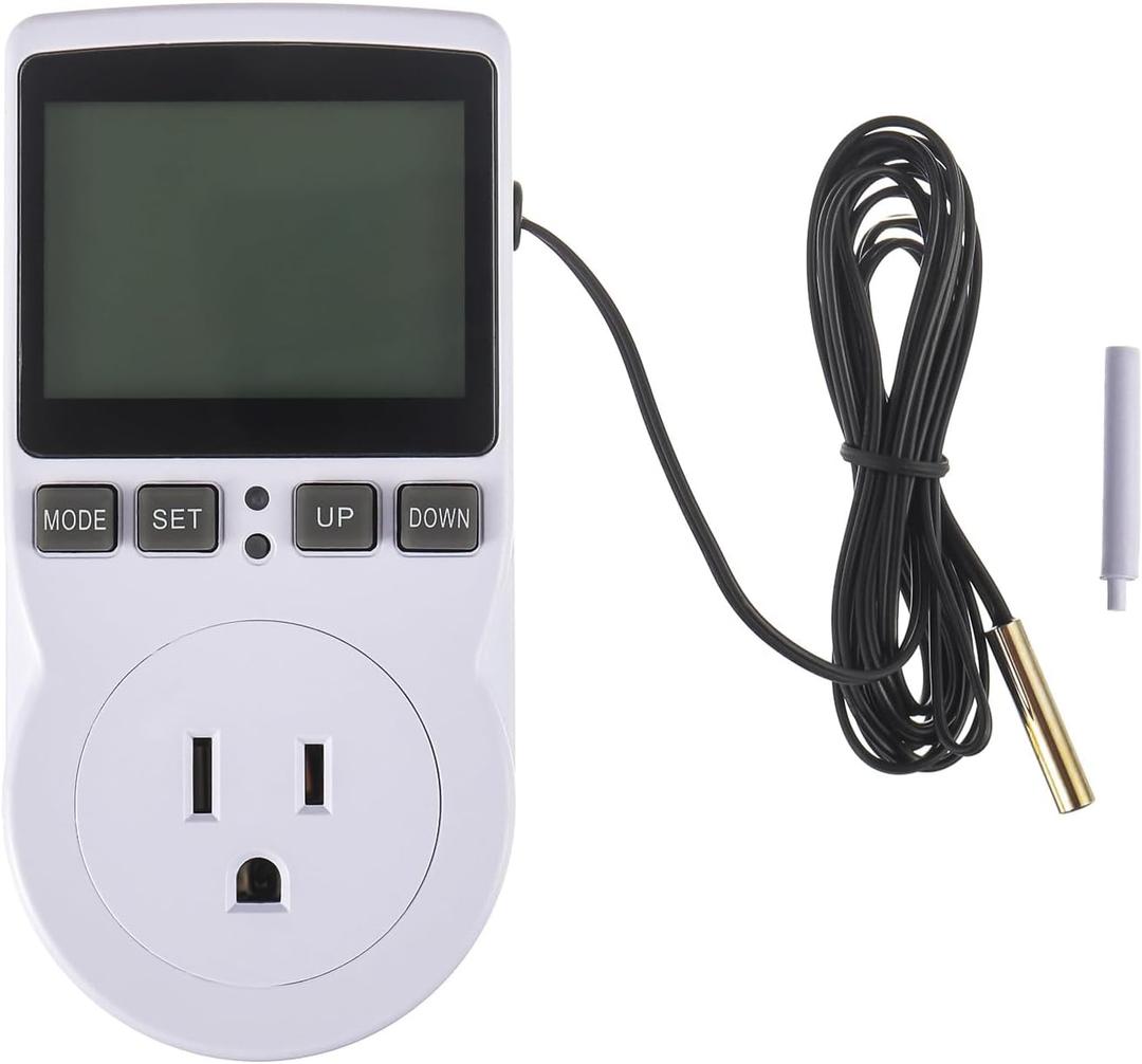 110V Digital Temperature Controller, LCD Screen Heating Cooling Thermostat Outlet Socket with Sensor Timer Regulator for Reptile Incubator Greenhouse Brewing Refrigerator