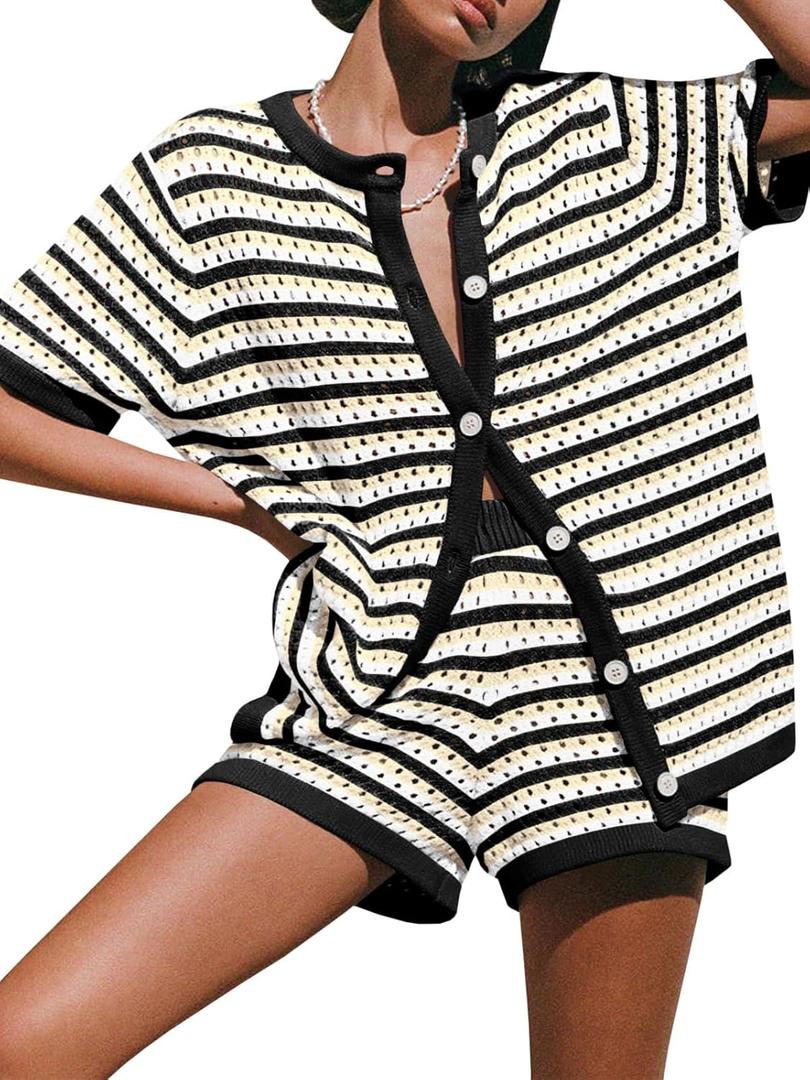 Saodimallsu Womens Crochet Swimsuit Coverup Summer Beach Sets Striped Knit Short Sleeve Button Shirts 2 Piece Short Set (Medium, Black)