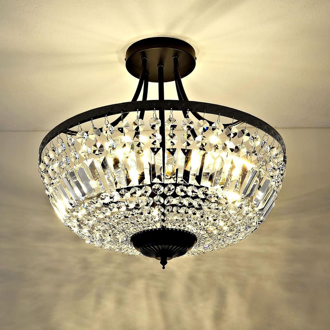 WINGBO 19.5 Inch Crystal Ceiling Light Fixture, 5-Light Raindrop Semi Flush Mount Chandelier, Modern Round Close to Ceiling Hanging Light for Living Room Dining Room Bedroom Hallway, Black