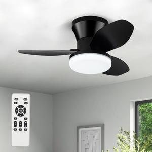 Small Ceiling Fan with Light - 26 Inch Flush Mount Ceiling Fan with Lights and Remote, Low Profile Ceiling Fans with 3 Reversible Blades, 6 Wind Speeds, Black Ceiling Fans for Bedroom