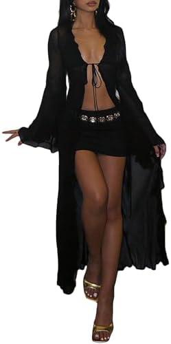 NRTHYE Women Mesh Long Flowy Kimono Cardigan Sexy Sheer Long Sleeve Ruffled Chiffon Duster Robe Summer Beach Cover Up L