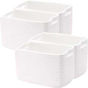 ENAORGAN Set of 4 White Rope Basket for Shelves Woven Rectangle Storage Basket Bins for Nursery Toy Storage for Baby Girl