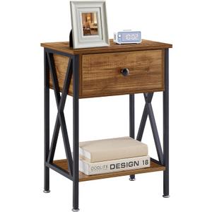 VECELO Nightstand, Bedside End Tables with Charging Station, USB Ports, Drawer Shelf, Night Stand for Bedroom Living Room 1-Pack, Brown