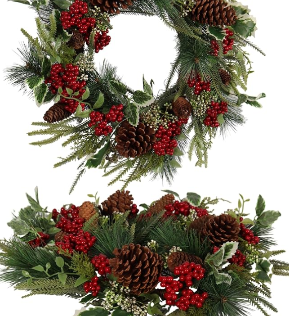 Zhemobang 20 Inch Christmas Wreath for Front Door, Artificial Christmas Door Wreath with Pine Needle Holly Pine Cone Red Berry, Winter Snowy Xmas Wreath for Indoor Outdoor Wall Farmhouse Home Décor