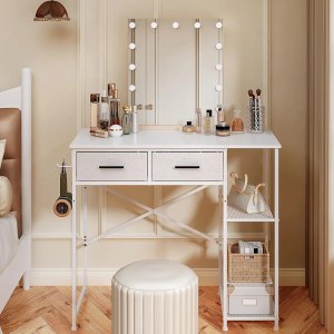 White Vanity Desk Without Mirror for Bedroom, Makeup Desk with 2 Fabric Drawers, 36 Inches Vanity Desk with Storage, Vanity with Iron Hook, White