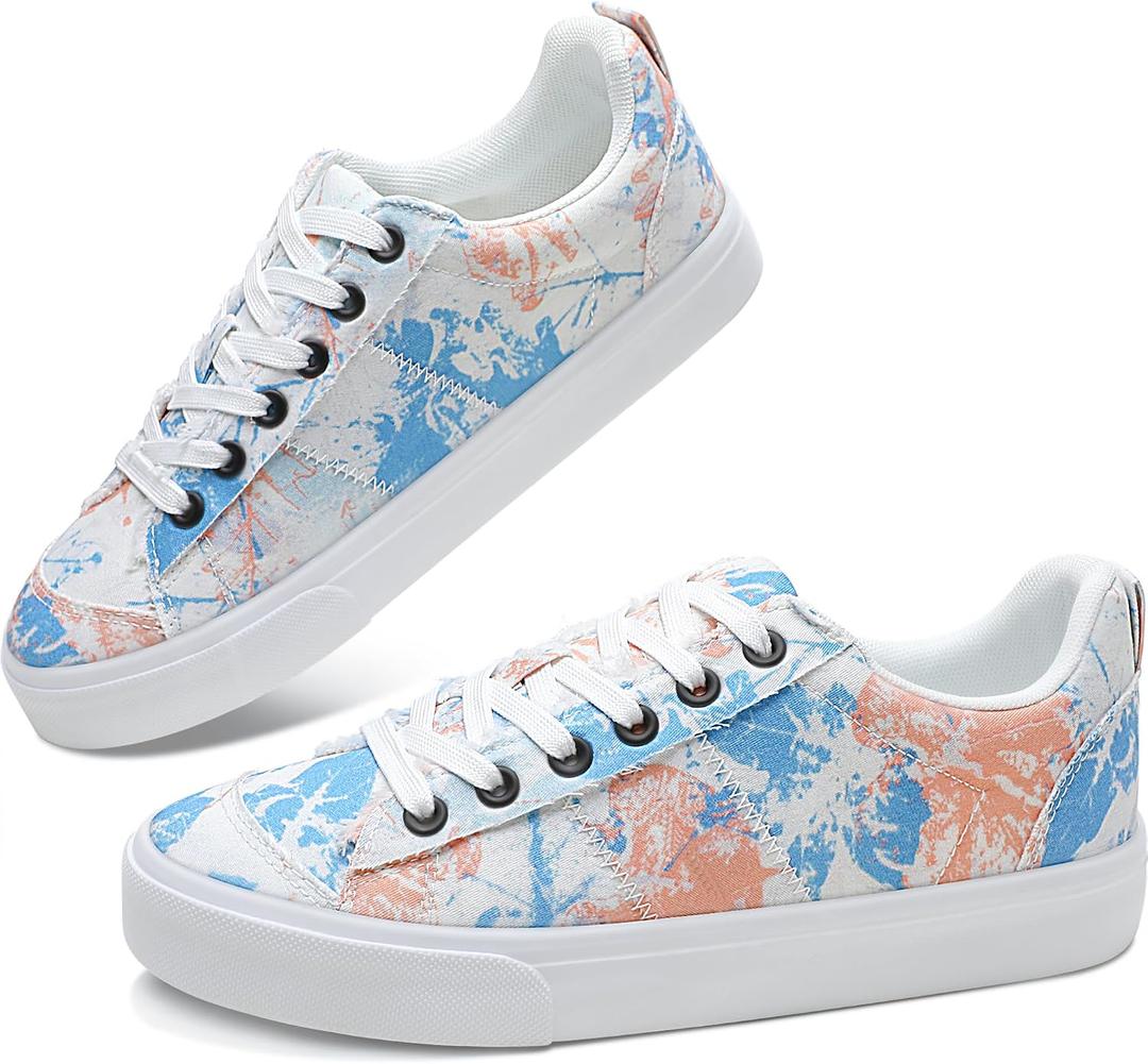 Obtaom Women's Canvas Sneakers Cute Lace up Fashion Sneaker Comfortable Skate Shoe for Lady Casual Tennis Flats(Blue, US7)