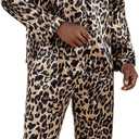 WDIRARA Men's Satin Leopard Lapel Neck Button Down Long Sleeve Top and Pants 2 Piece Pajama Set (Large, Khaki)