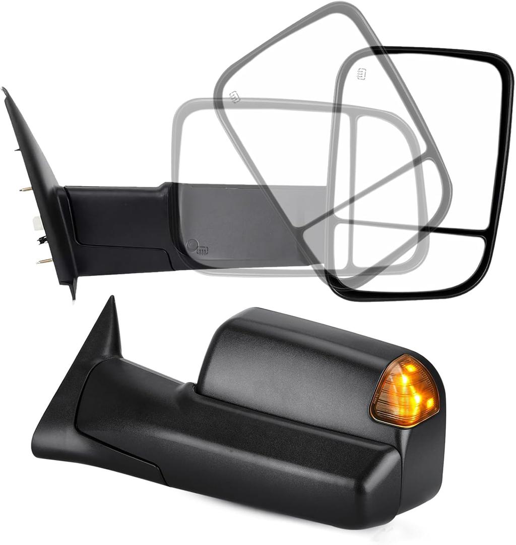 Towing Mirrors Driver Passenger Side for 2009-2018 Dodge Ram 1500, 2019-2024 Ram 1500 Classic, 2010-2018 Ram 2500 3500 with Power Heated, Temperature Sensor, Smoke Signal Light, Puddle Light