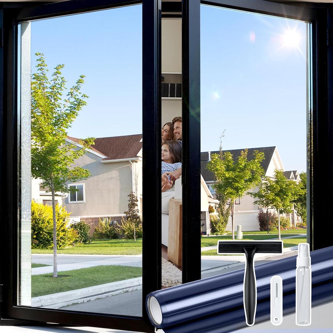 rabbitgoo One Way Window Privacy Film Tint with 3 Tools for Home, Sun Heat UV Blocking Control Reflective Adhesive Mirror Tint See Out Not in Office Door Covering, Blue Silver, 29.5 x 78.7 inches
