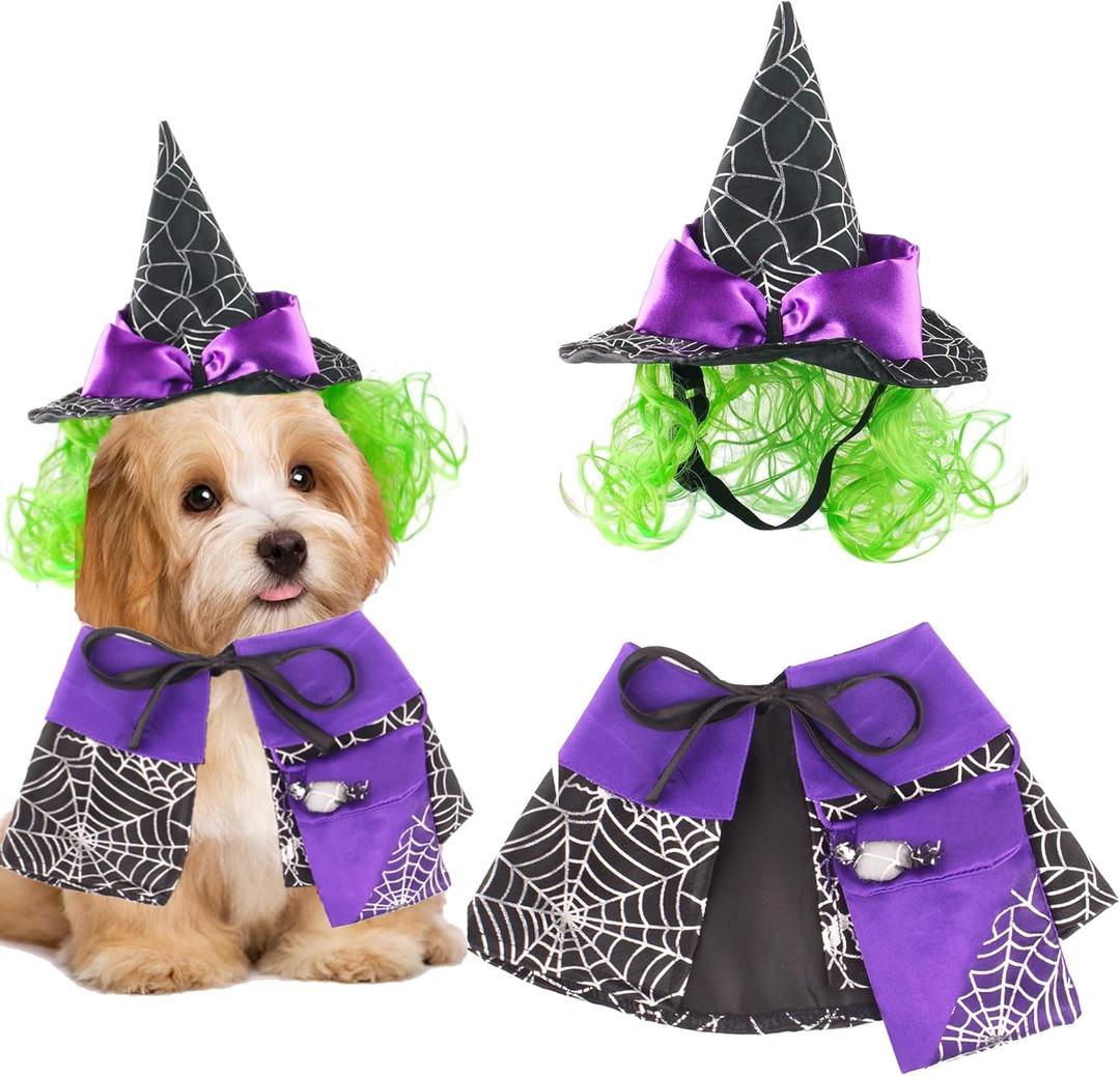 ADOGGYGO Dog Halloween Costume Purple Witch Pet Costume Halloween Cloak Witch Hat Costumes for Small Medium Dogs Pets