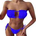 Women 2 Piece Strapless Bikini Swimsuits Ruffle Ribbed Self Tie Bandeau Bikini Set High Cut String Bathing Suits (Medium)