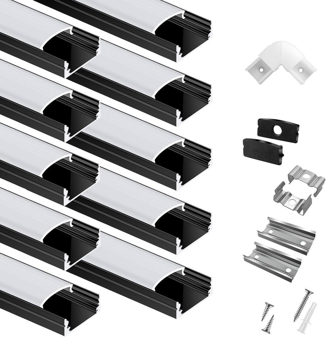 hunhun 10-Pack 6.6ft/2Meter U Shape Black LED Aluminum Channel System with Milky Cover, End Caps and Mounting Clips, Aluminum Channel Profile for LED Strip Light Diffuser Installations (10pack*6.6ft)