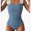 B2prity Womens One Piece Swimsuit Retro Square Neck Tummy Control Bathing Suits Ruched Modest Full Coverage Swimwear, L