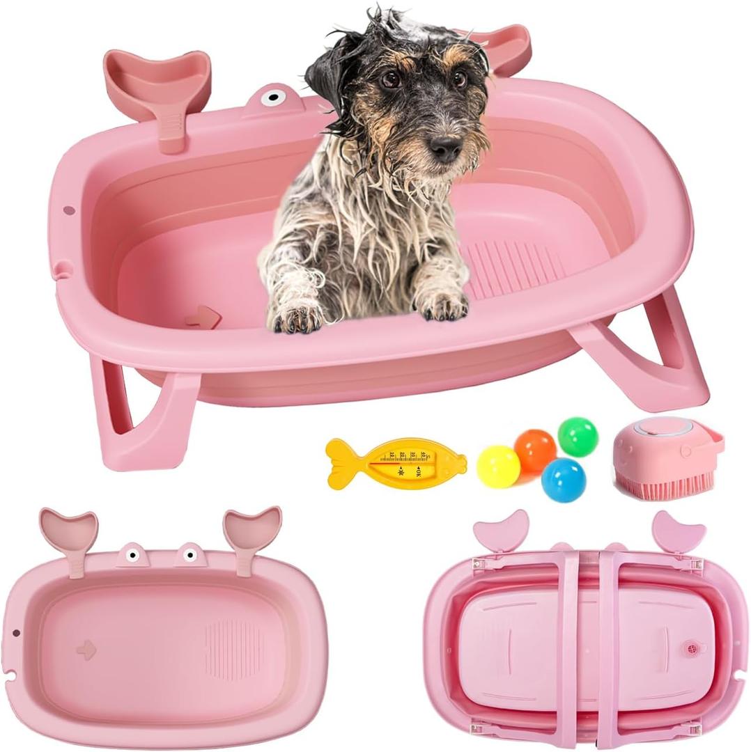 Dog Bath Tub with Dog Toys Pet Bathtub, Portable Puppy Bathtub for Easy Baths and Easy Storage, Dog Bath Tubs for Small Medium Pets-Foldable Pet Shower Tub with Drainage Hole, 26.5 x 17.2 x 7.8In,Pink