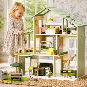 Tiny Land Wooden Doll House, Modern Family Dollhouse with Realistic Design, 27 x 24 x 12 inches