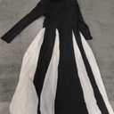 Womens Black&White Maxi Dress Long Sleeve Crewneck Long Dress Color Block Flowy Aline Dress with Large Hemlines, Size L