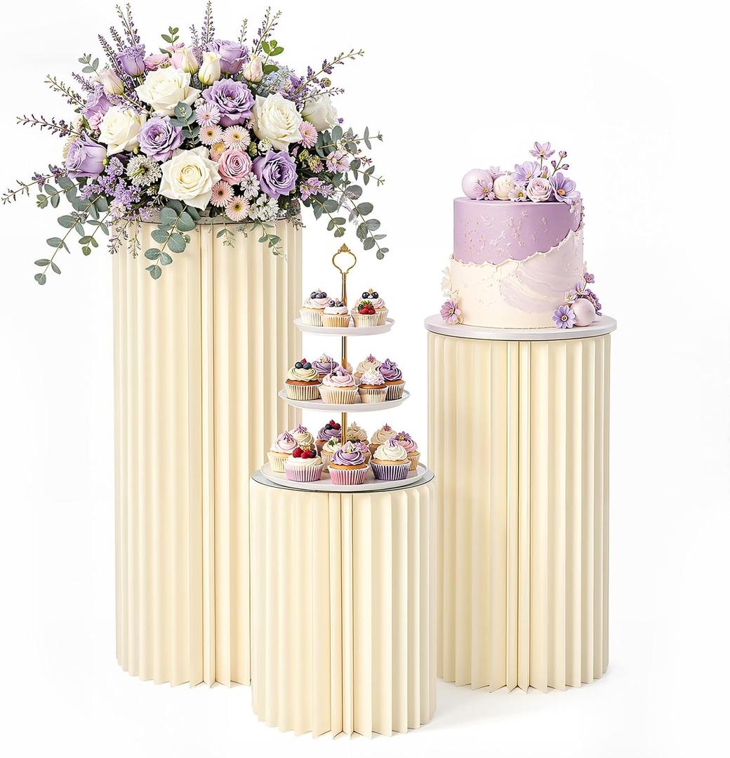 3Pcs Cylinder Stands for Party, Foldable Cardboard Pedestal Stands for Display Round Columns Cylinder Pedestal with Acrylic Disc, Cake Stand Cylinder for Parties Baby Shower Birthday Wedding Decor