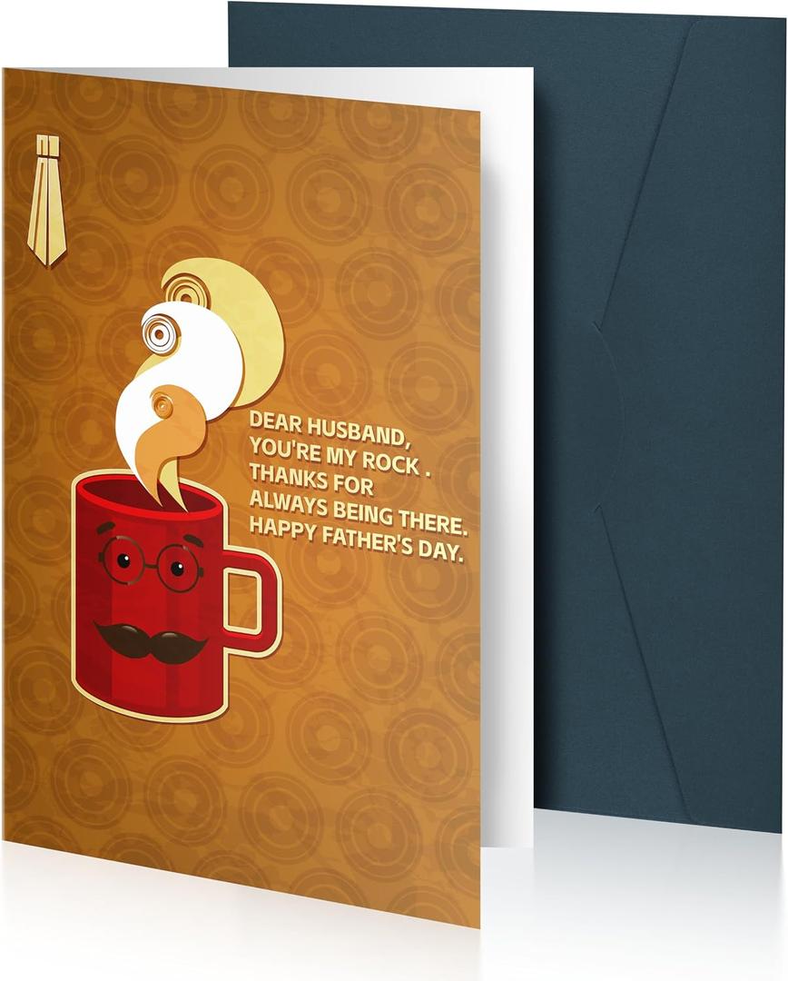 3 x Linelglobal Father's Day Card for Husband with Envelope, Happy Father's Day Card from Wife, Concentric Circles Design with Tie & Coffee Pattern, Thoughtful Gift for Husband from Wife, Brown, 1 Count