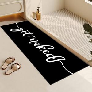 MUGINYU Get Naked Long Black Bathroom Rug,Funny Quick Dry Bath Mat Absorbent Non-Slip Thin fit Under Door,Diatomite Stone Bathroom Runner Rug for Floor Mats with Rubber Backing (16"x 43")