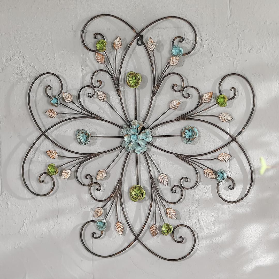 Phaxth 24" Metal Flower Wall Art Decor with Rust Leaf, Large Scroll Outdoor Wall Art Decor