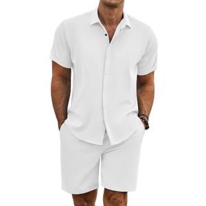 COOFANDY Men's Summer Beach Outfits 2 Piece Short Sleeve Shirts and Shorts Vacation Texture Linen Sets for Men (White, M)