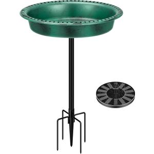 VIVOHOME Oval Polyresin Bird Bath Bowl with Solar Fountain, 29 Inch Height Outdoor Freestanding Birdfeeder with Metal Stake, Capacity 1.3 Gallons, 5-Pronged Base, Green