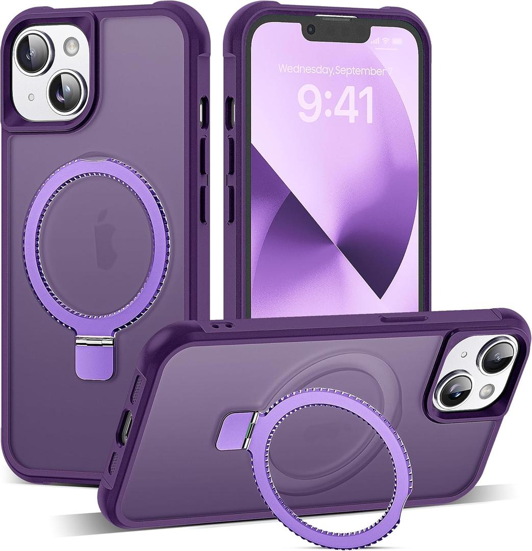 Compatible with iPhone 14 Case & iPhone 13 Case 6.1" with Invisible Ring Stand [Compatible with Mag-Safe] Translucent with Magnetic Kickstand, Purple