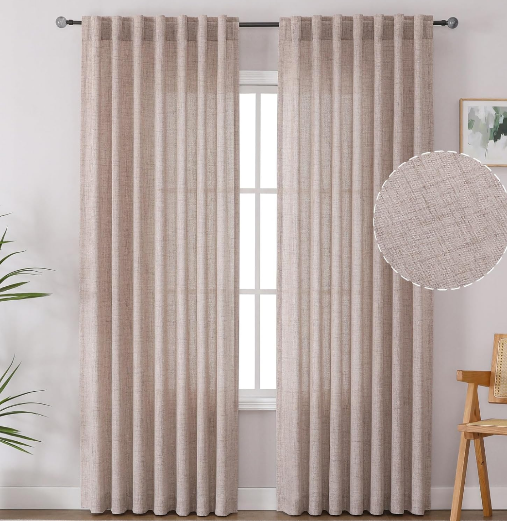 Natural Linen Curtains 84 Inch Long for Living Room 2 Panels -Thick Textured, Light Filtering, Rod Pocket & Back TAB, 52W x 84L
