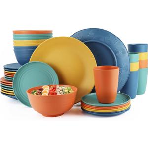 40-Piece Unbreakable Plastic Wheat Straw Dinnerware Set - Multi Color, 8-Person Dish Set for Dinner, Plates, Bowls, Cups & Appetizer Plates - Perfect for Outdoor Camping