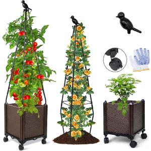 MQFORU Tomato Planter Boxes with Trellis, 59" Self-Watering Tomato Planter with Wheels for Climbing Vegetable and Plants, Tomato Cages for Indoor Outdoor Patio Greenhouse Gardening