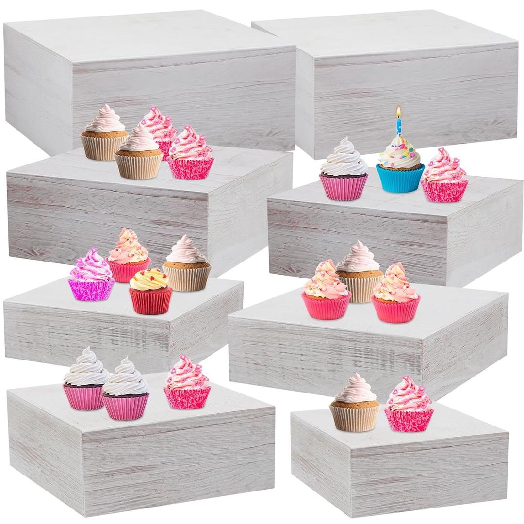 Barydat 8 Pcs Large 13.7" Wood Risers Display Stands Rustic Square Cupcake Stand Food Risers Stackable Display Box for Buffet Table Dessert Food Birthday Wedding Party(Vintage White)